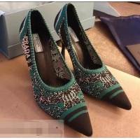 Purchase Prada Heel 8.5cm Geometric Pattern Jacquard Knit Fabric Pointy Toe Pumps P94815 Black/Green 2019