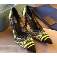 Faux Prada Heel 8.5cm Geometric Pattern Jacquard Knit Fabric Pointy Toe Pumps P94815 Yellow 2019