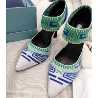 Faux Prada Heel 8.5cm Geometric Pattern Jacquard Knit Fabric Pumps P94822 White/Green 2019