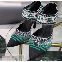 Imitation Prada Heel 8.5cm Geometric Pattern Jacquard Knit Fabric Pumps P94822 Black/Green 2019