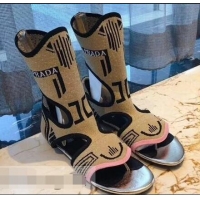 Imitation Prada Geometric Pattern Jacquard Knit Fabric Sock Sandals P94843 Camel 2019