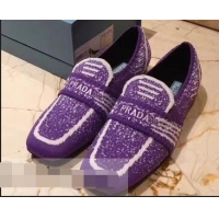 Good Quality Prada Geometric Pattern Semi-stretch Jacquard Knit Fabric Loafers P94851 Purple 2019