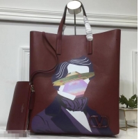 Top Quality Valentino Print N/S Long VRing Shopping Tote Bag 601438 Burgundy