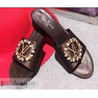 Buy Cheap Louis Vuitton Heel 4.5cm Strass-paved LV Circle Satin Madeleine Mules LV93507 Black 2019