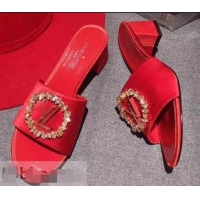 Discount Louis Vuitton Heel 4.5cm Strass-paved LV Circle Satin Madeleine Mules LV93507 Red 2019