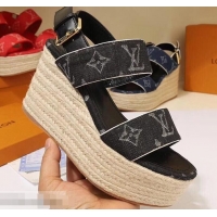 Low Cost Louis Vuitton Heel 10cm Platform 6cm Harbour Wedge Sandals LV94901 Denim Black 2019