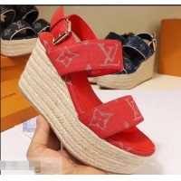 Most Popular Louis Vuitton Heel 10cm Platform 6cm Harbour Wedge Sandals LV94901 Denim Red 2019