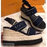 Pretty Style Louis Vuitton Heel 10cm Platform 6cm Harbour Wedge Sandals LV94904 Canvas Navy Blue 2019