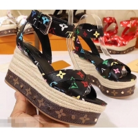 Faux Louis Vuitton Heel 10cm Platform 6cm Timelapse Wedge Sandals Monogram Canvas LV94907 Black/Multicolor 2019