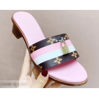 Imitation Louis Vuitton Heel 4.5cm Lock It Mules LV94928 Monogram Canvas Stripe Pink/White 2019