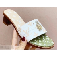 Inexpensive Louis Vuitton Heel 4.5cm Lock It Mules Monogram Canvas LV94930 White/Green/Apricot 2019