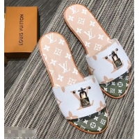 Faux Louis Vuitton Lock It Flat Mules Monogram Canvas LV94909 White/Green/Apricot 2019