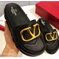 Discount Valentino Heel 6cm Slide Sandals VT96313 Black With VLogo Detail 2019