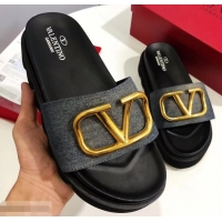 Promotional Valentino Heel 6cm Slide Sandals VT96313 Denim Gray With VLogo Detail 2019