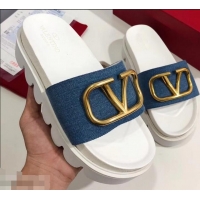 Unique Grade Valentino Heel 6cm Slide Sandals VT96313 Denim Blue With VLogo Detail 2019