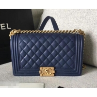 Discount Chanel Original Quality caviar medium Boy Bag navy blue with gold hardware 616017