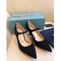 Cheapest Prada Heel 6cm Strap with Button Pumps P96311 Suede Black 2019