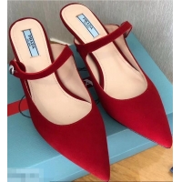 OUTLETS Prada Heel 6cm Strap with Button Mules P96318 Suede Red 2019