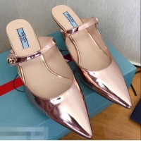 New Cheap Prada Heel 6cm Strap with Button Mules P96320 Metallic Pink Gold 2019