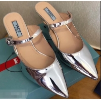 OFF Prada Heel 6cm Strap with Button Mules P96320 Metallic Silver 2019