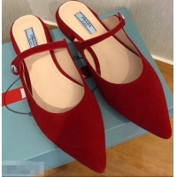 Buy Discount Prada Heel 1.5cm Strap with Button Mules LV96324 Suede Red 2019