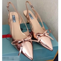 Low Cost Prada Heel 6cm Bow Pumps P96332 Metallic Pink Gold 2019