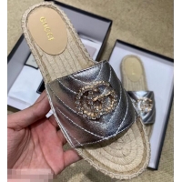 Low Price Gucci Glitter Espadrilles Slides Sandals G96309 Silver With Crystal Double G 2019