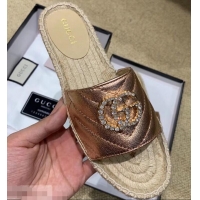 Top Quality Gucci Glitter Espadrilles Slides Sandals G96309 Pink Gold With Crystal Double G 2019