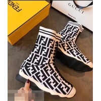 Cheapest Fendi FF Logo Fabric Knit Sock Ankle Boots F89829 Black/White