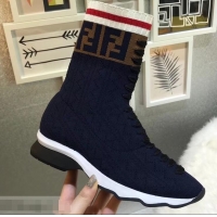 Wholesale Fendi Multicolour Fabric Sneakers Boots FF Logo F80202 Dark Blue