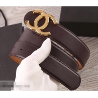 Shop Duplicate Chanel Width 3.5cm Leather Belt Burgundy/Khaki with Gold CC Logo 550186