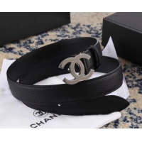 AAAAA Chanel Width 3cm Leather Belt Black with Silver CC Logo 550188