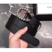 Best Grade Gucci Width 3cm Leather Belt Black with White Crystal Dionysus Buckle 458936