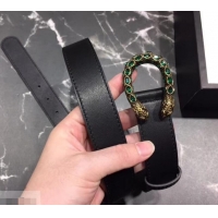 Good Quality Gucci Width 3cm Leather Belt Black with Green Crystal Dionysus Buckle 458938