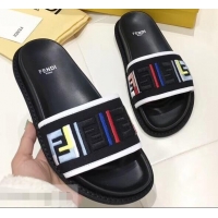 Fashion Low Cost Fendi Slides Multicolour FF Logo Canvas F93110 Black 2019