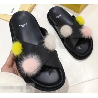 Design Cheap Fendi Slides Mink Pompom F93115 Black 2019