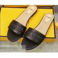 Buy Inexpensive Fendi Roma Embossed Flat Slides F93121 Black 2019