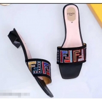 Good Quality Fendi Heel 3.5cm Square-Toe Multicolour FF Logo Slides F93124 Black 2019