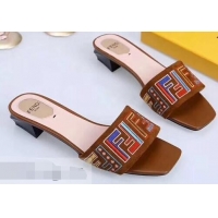 Affordable Price Fendi Heel 3.5cm Square-Toe Multicolour FF Logo Slides F93124 Brown 2019