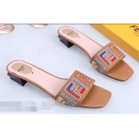 Shop Cheap Fendi Heel 3.5cm Square-Toe Multicolour FF Logo Slides F93124 Apricot 2019