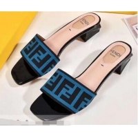 Reasonable Price Fendi Heel 3.5cm Square-Toe FF Logo Slides F93129 Blue 2019