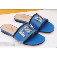 Cheapest Best Fendi Crystal FENDI Logo Slides F93717 Blue 2019