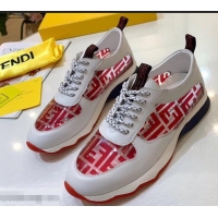 Latest Imitation Fendi All-Over FF Logo in PU Sneakers F95744 White/Red 2019