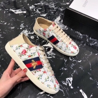 Cheap Gucci Ace Leather Low-Top Sneakers Blue/Red Web Embroidered Bee G89102 White