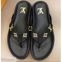 Imitation Louis Vuitton Monogram Rubber Thong Sandals LV96740 Black/Gold 2019