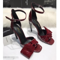 Grade Fake Saint Laurent Heel 10cm With Bow Trim Patent Leather Sandals Y8312 Burgundy