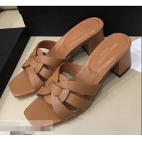 Hot Sell Saint Laurent Slide Heel Sandal In Leather With Intertwining Straps Y83604 Camel