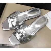 Buy Fake Saint Laurent Slide Sandal In Leather With Intertwining Straps Y83605 Silver