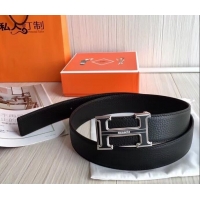 Good Quality hermes 3.8cm black grained leather belt with black buckle 619015