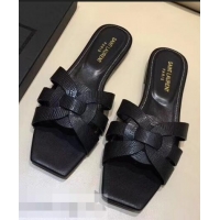 Faux Saint Laurent Lizard Textured Slide Sandal In Leather With Intertwining Straps Y83616 Black